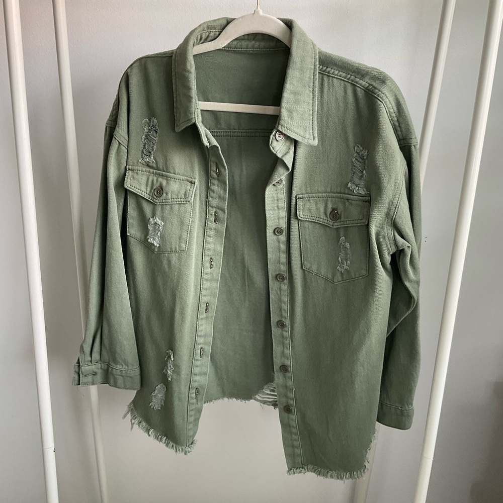 Green Distressed Button-Up Shacket